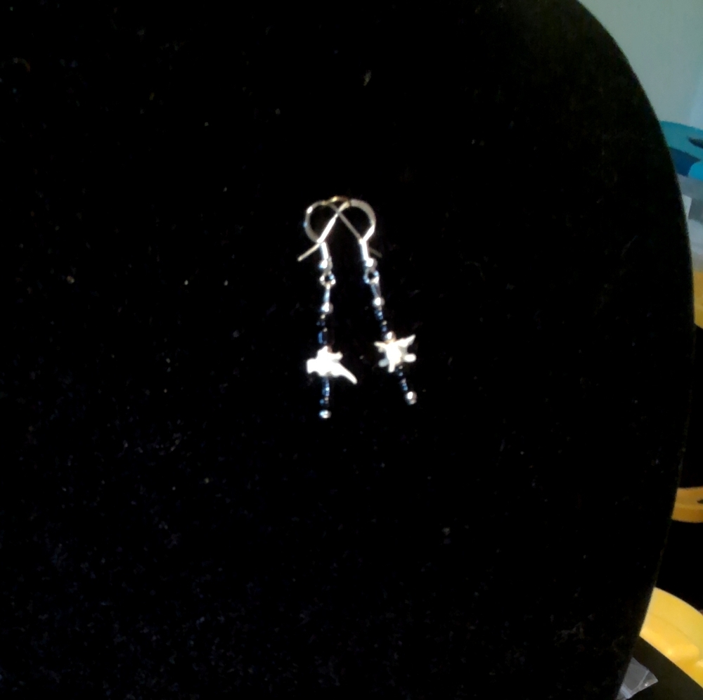 Elegant Silver And Rattlesnake Bone Earrings With Jet Black Beads